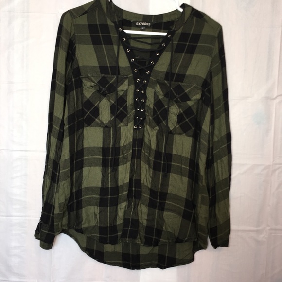 Express Tops - Express long  sleeve Plaid lace up top Size M